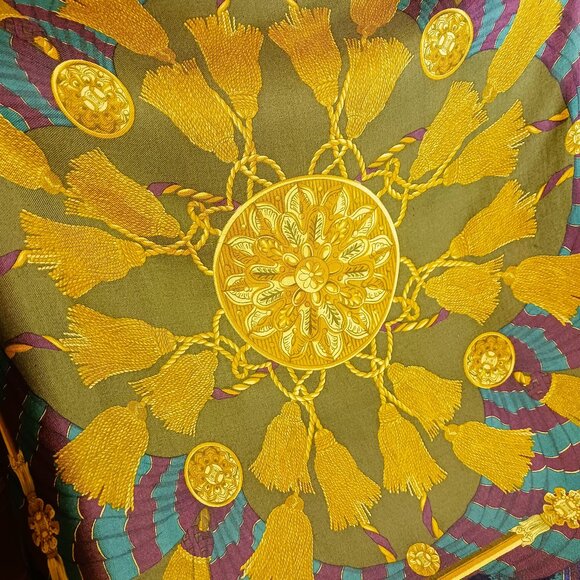 VINTAGE Large CELINE WRAP SHAWL Fall Colours Green golds navy burgandy beige EUC - Picture 6 of 8